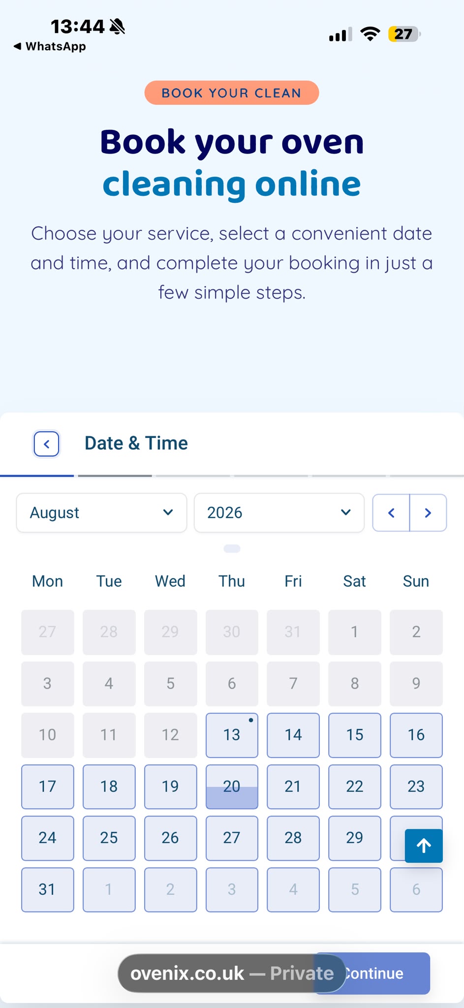 Ovenix mobile booking calendar interface