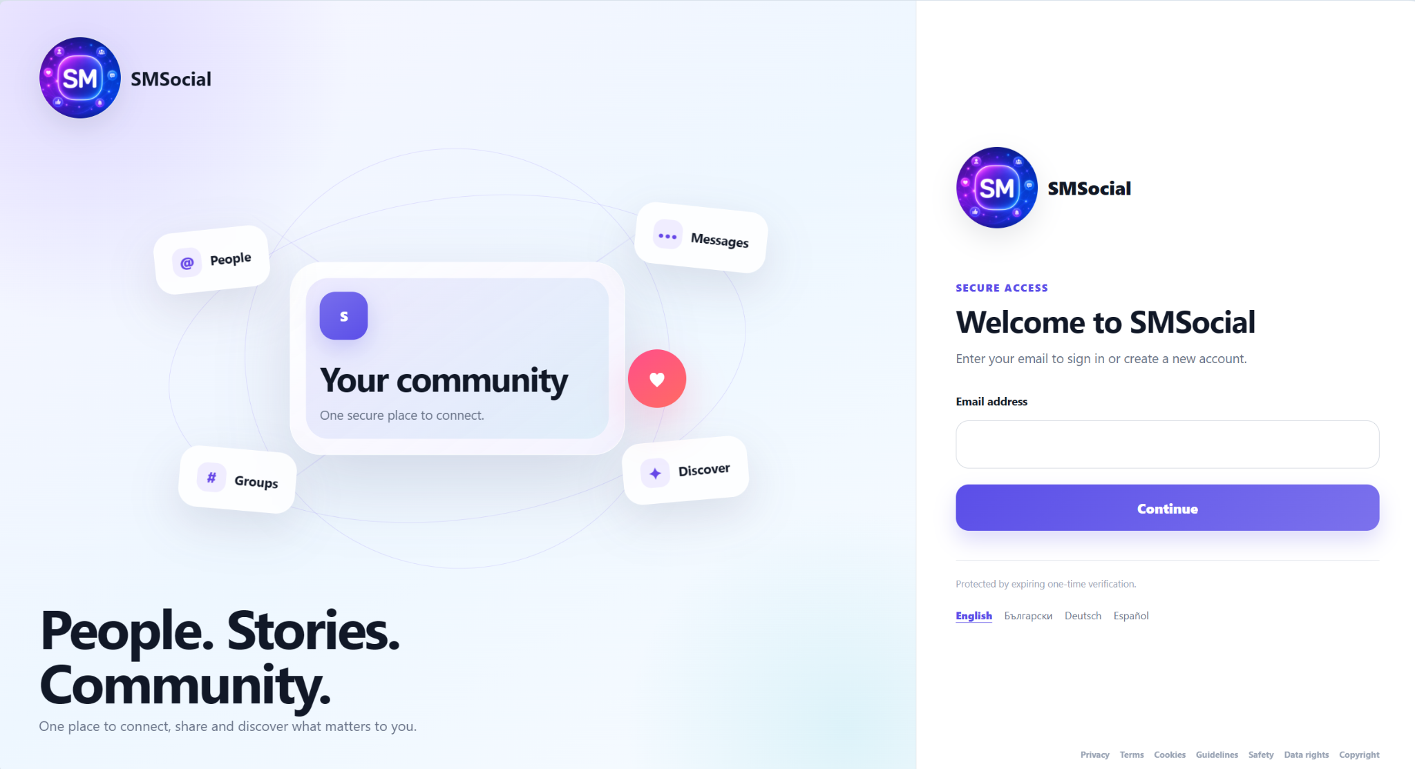 SMSocial desktop login and onboarding interface